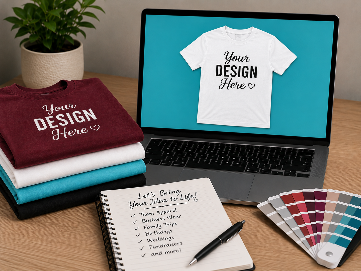 Custom apparel mockup with laptop, folded tees, notepad listing team apparel, business wear, family trips, birthdays, weddings, fundraisers, and color swatches