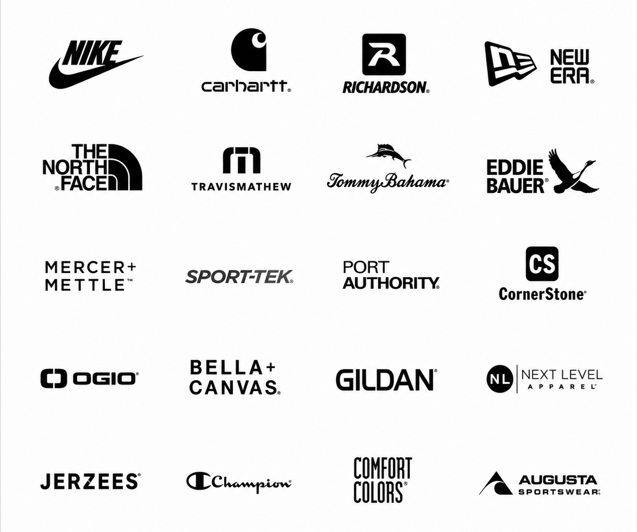 Trusted brands including Nike, Carhartt, Richardson, New Era, The North Face, TravisMathew, Tommy Bahama, Eddie Bauer, Mercer+Mettle, Sport-Tek, Port Authority, CornerStone, OGIO, Bella+Canvas, Gildan, Next Level, Jerzees, Champion, Comfort Colors, and Augusta Sportswear